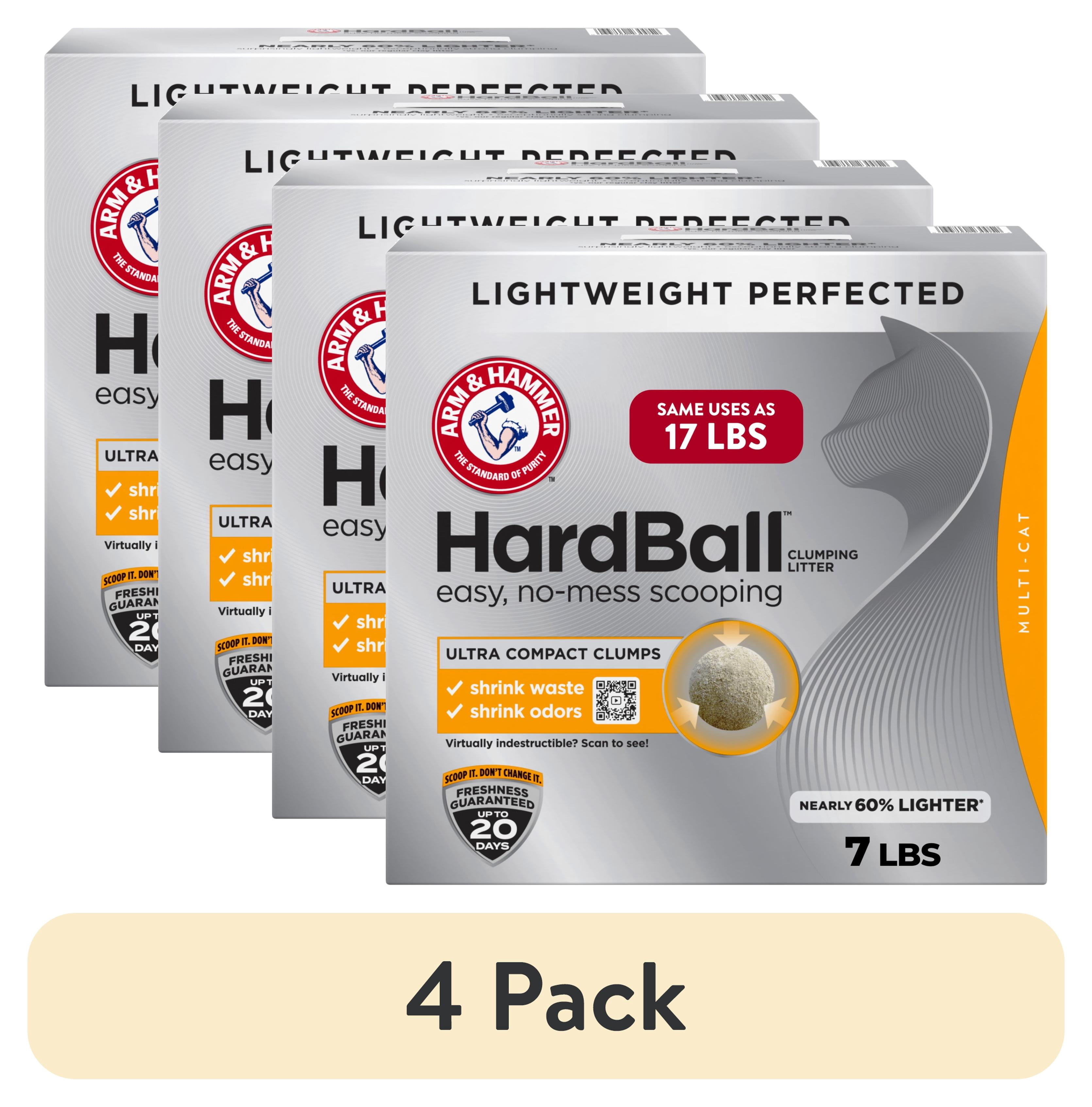 (4 pack) ARM & HAMMER Hardball Lightweight Cat Litter, Multi-Cat Clumping Litter, No-Mess Scooping, 7 lb