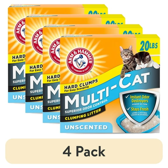 (4 pack) ARM & HAMMER Multi-Cat Clumping Litter Unscented, 20 lb