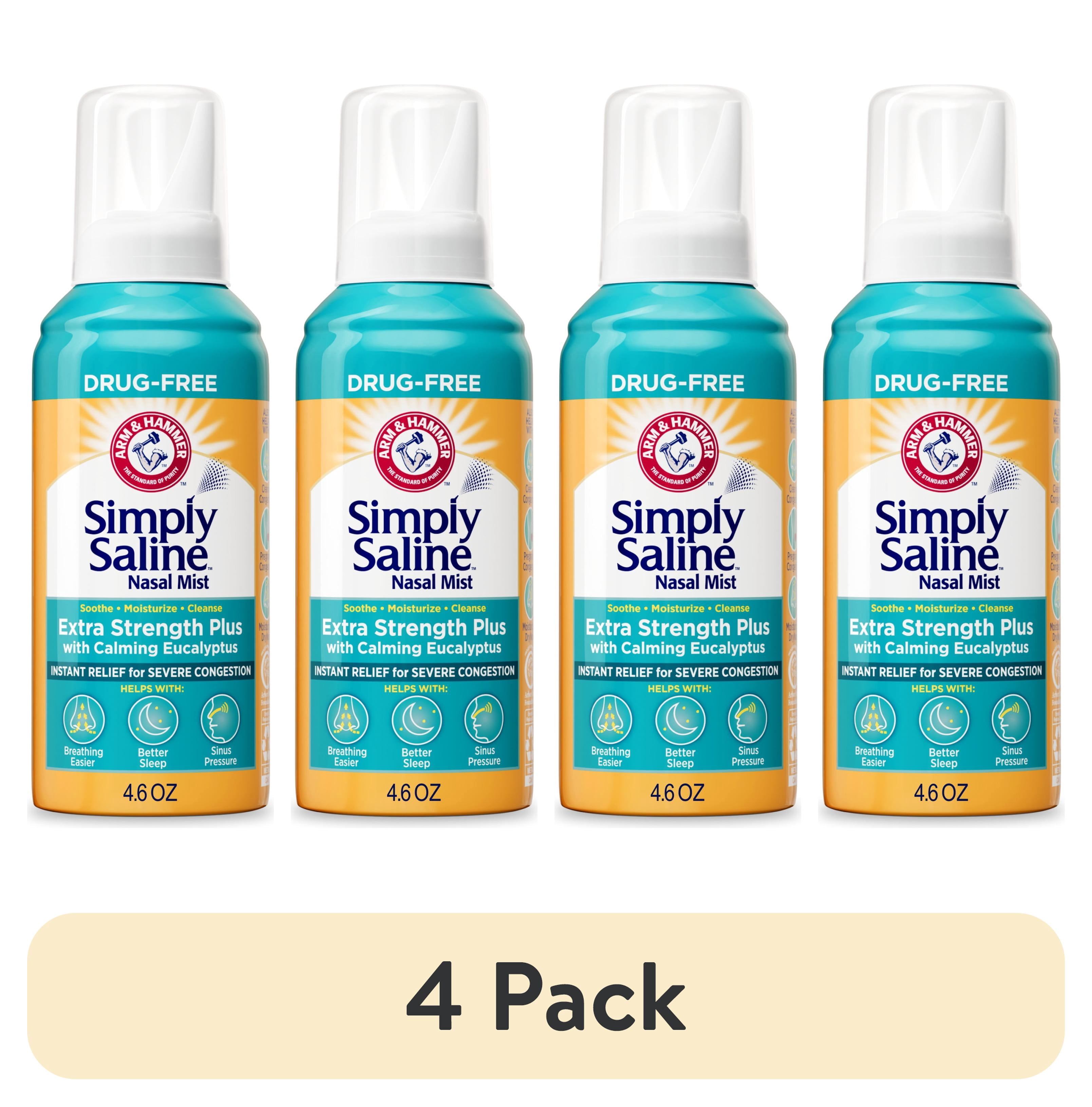 (4 pack) ARM & HAMMER Simply Saline Extra Strength Plus Eucalyptus Nasal Mist, Saline Nasal Spray For Severe Congestion Relief, 4.6 oz