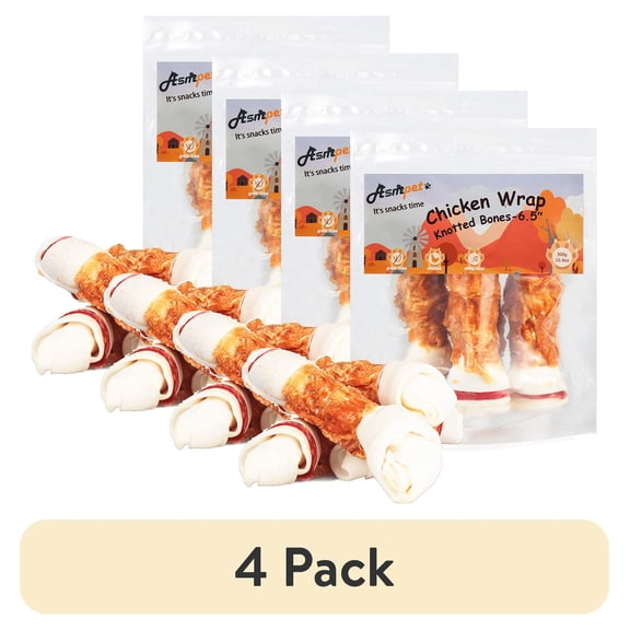 (4 pack) ASMPET 6.5" Rawhide Dog Bone, Long Lasting Chicken Wrapped Dog Treats (4/Pack), Beefhide Bone for Large Dogs, 11oz