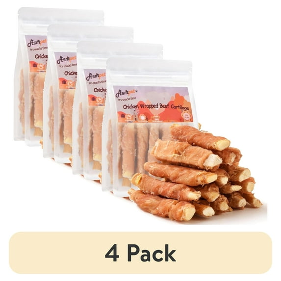 (4 pack) ASMPET Chicken Wrapped Beef Cartilage Dog Treats, Long-Lasting Chewy Dog Soft Bone for Small, Medium & Large Dogs (10.6oz, No Rawhide)