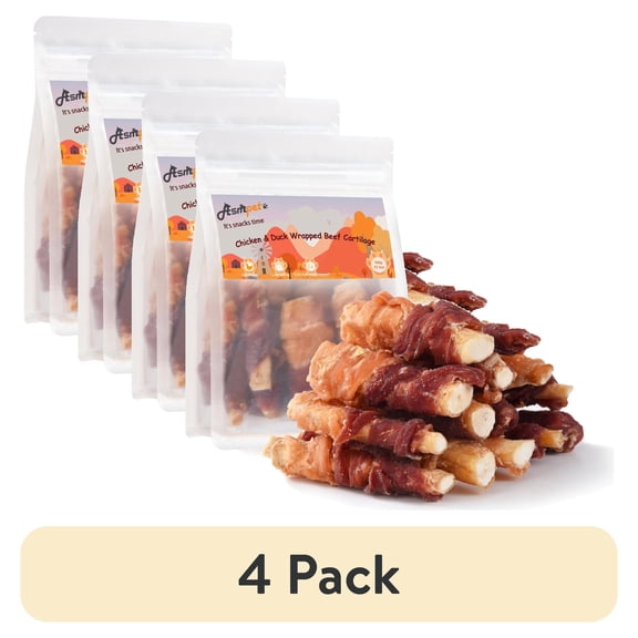 (4 pack) ASMPET Chicken Wrapped Beef Cartilage with Duck Dog Treats, High Calcium Chewy Dog Soft Bone for Small, Medium, Large Dogs (10.6oz, No Rawhide)