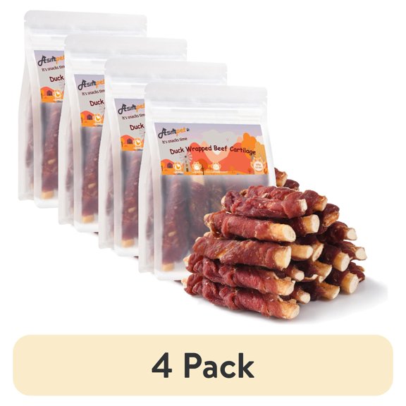 (4 pack) ASMPET Duck Wrapped Beef Cartilage Dog Treats, Dental Chewy Dog Soft Bone for Small, Medium, Large Dogs (10.6OZ, No Rawhide)