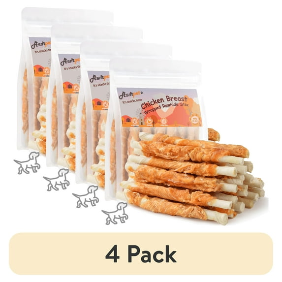 (4 pack) ASMPET Chicken Wrapped Rawhide Dog Treats, Long Lasting for Strong Chewers, Dental Care Bones, 10.6oz