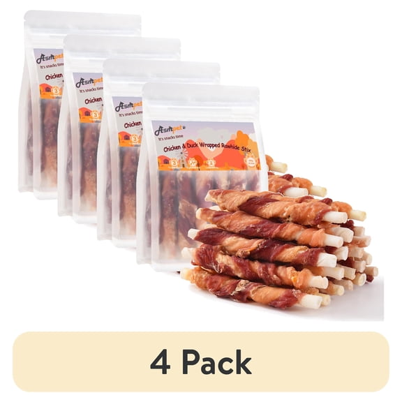(4 pack) ASMPET Rawhide Dog Chew, Natural Chicken and Duck Wrap Long-Lasting Treat for Dog, 11 oz.