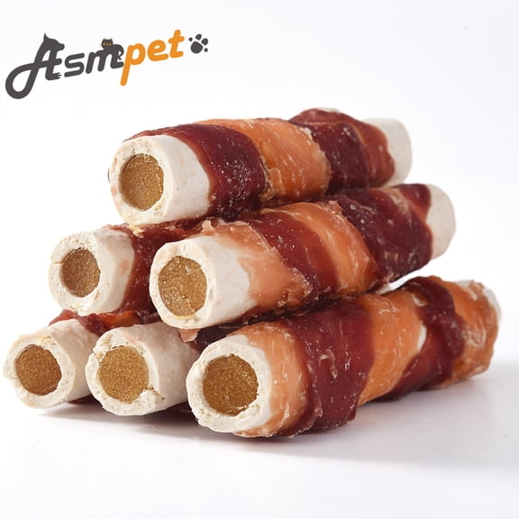 (4 pack) ASMPET Rawhide Dog Treats Chicken & Duck Wrapped Rawhide Sweet Potato Stick, Long Lasting Dog Bone, Teeth Cleaning for Medium Large Dogs, 10.6oz