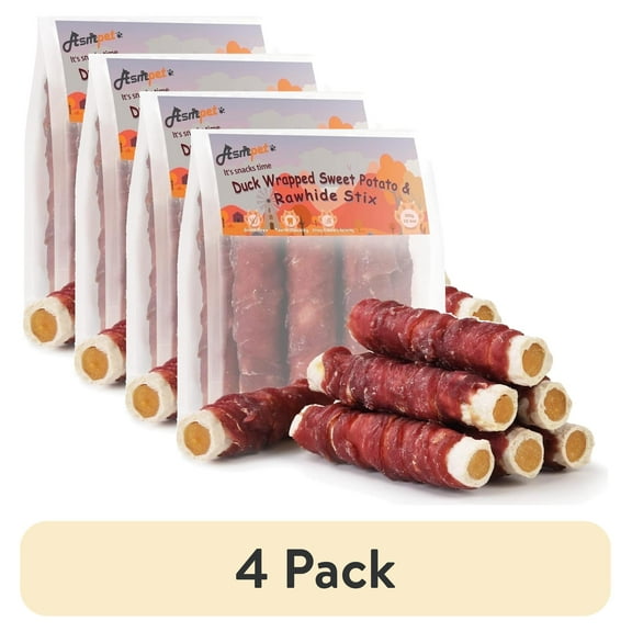 (4 pack) ASMPET Dog Treats Duck Wrapped Rawhide Sweet Potato Stick, Long Lasting Dog Bone, Teeth Cleaning for Medium Large Dogs, 10.6oz