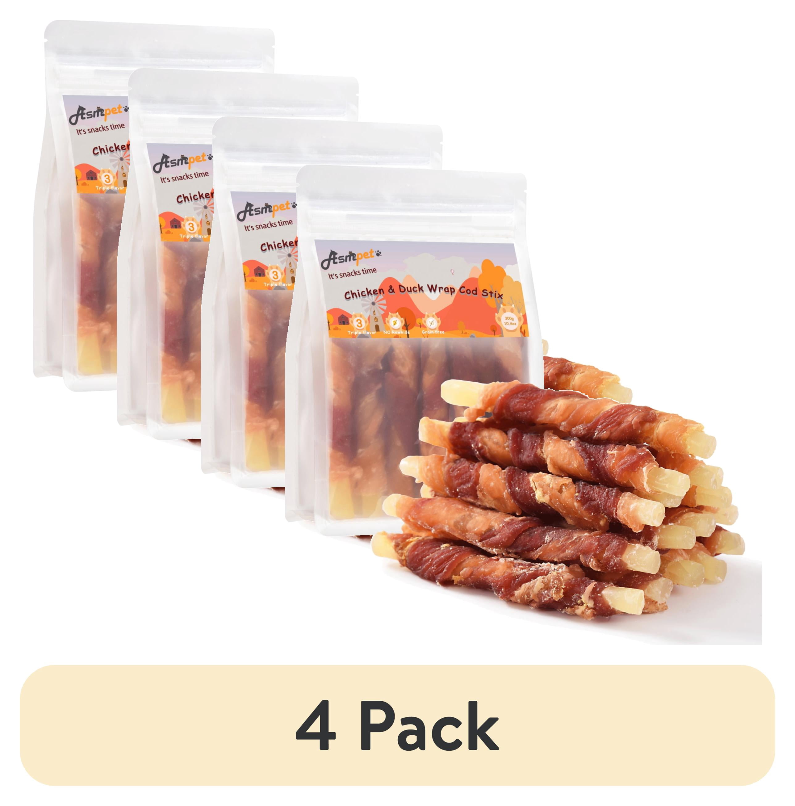 (4 pack) ASMPET Rawhide Free Dog Treats Chicken Jerky & Duck Wrap Cod Sticks, Healthy Treats for Dogs, Soft Chewy Healthy Natural Treats, 15pcs, 11oz