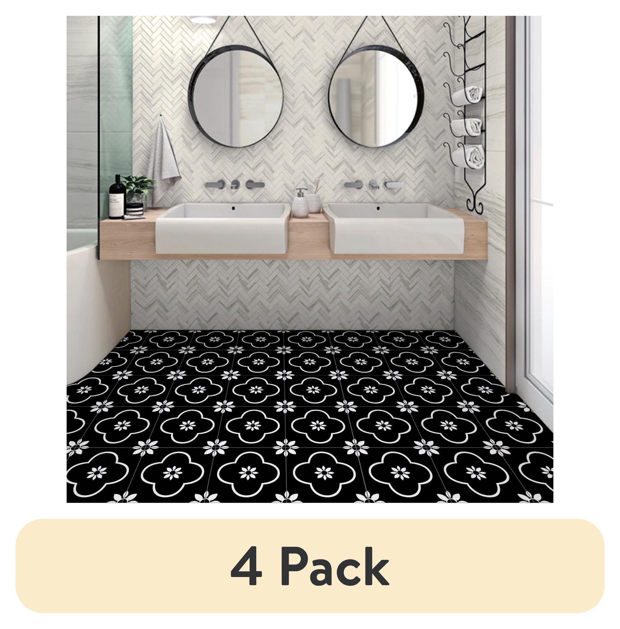 (4 pack) Abyssaly 10Pcs Black and White Vinyl Flooring Peel and Stick 12" x 12" Self Adhesive Floor Tile Removable Stickers Tile for Kitchen Bedroom Backsplash Solid