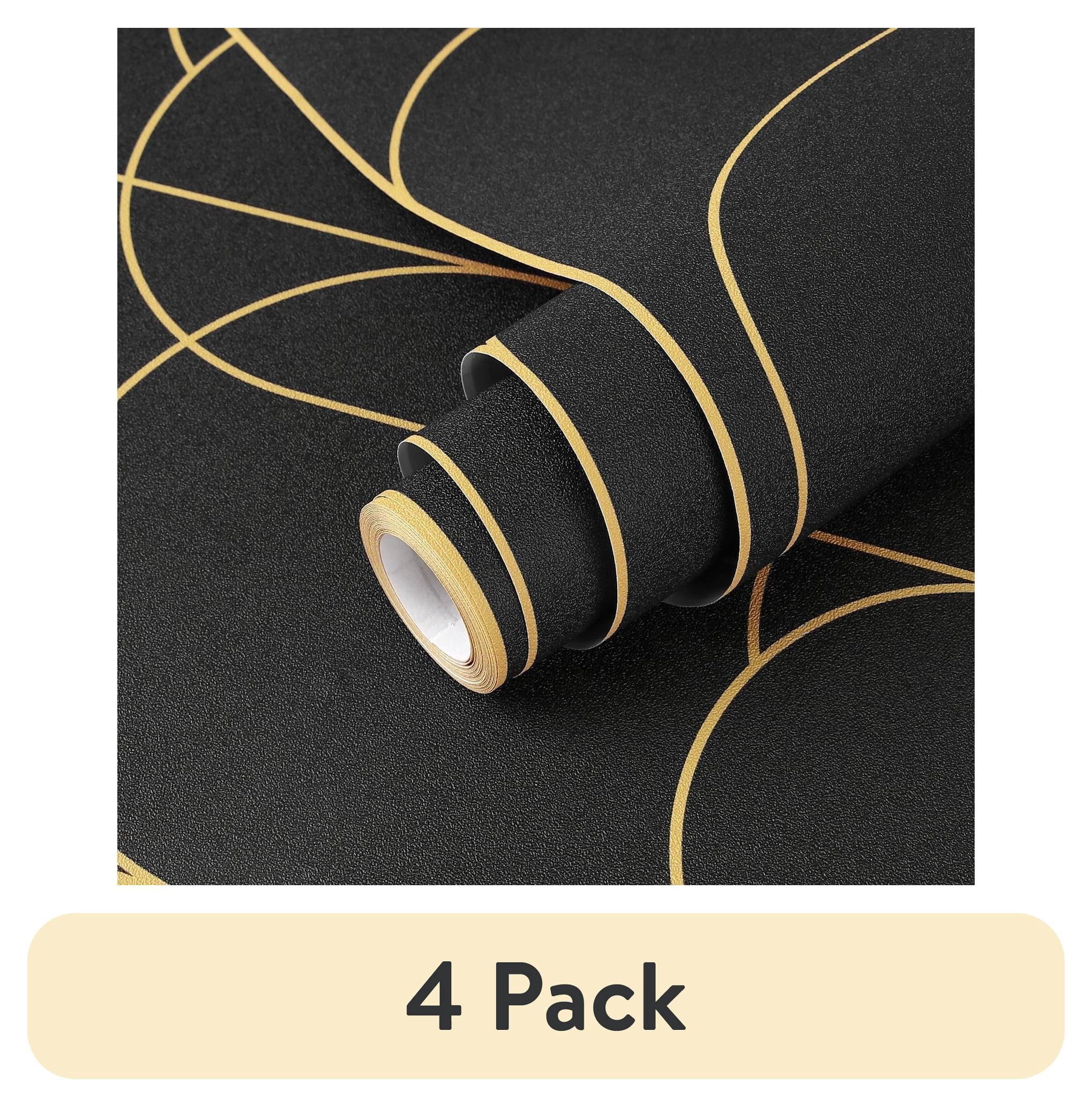 (4 pack) Abyssaly Black Peel and Stick Wallpaper Strip Line Contact Paper 17.7" x 78.7" Black/Gold Geometric Self-Adhesive Removable Vinyl Wallpaper for Bedroom