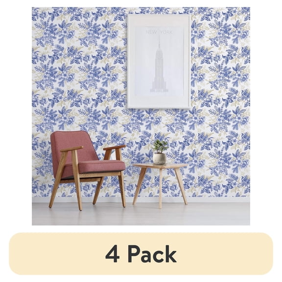 (4 pack) Abyssaly Blue Floral Wallpaper Peel and Stick Wallpaper 17.3"×118" Self Adhesive Removable Wallpaper Vintage Flower Vinyl Wall Paper