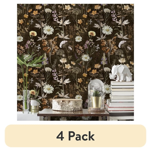(4 pack) Abyssaly Floral Wallpaper 17.3" x 118"Peel and Stick Wallpaper Self-Adhensive Removable Wall Paper Black Vintage Daisies Contact Paper Vinyl Waterproof