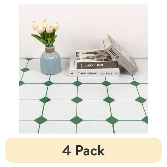 (4 pack) Abyssaly White and Green Peel and Stick Floor Tile 12"×12"Vinyl Flooring Waterproof for Bathroom Kitchen 10PCS