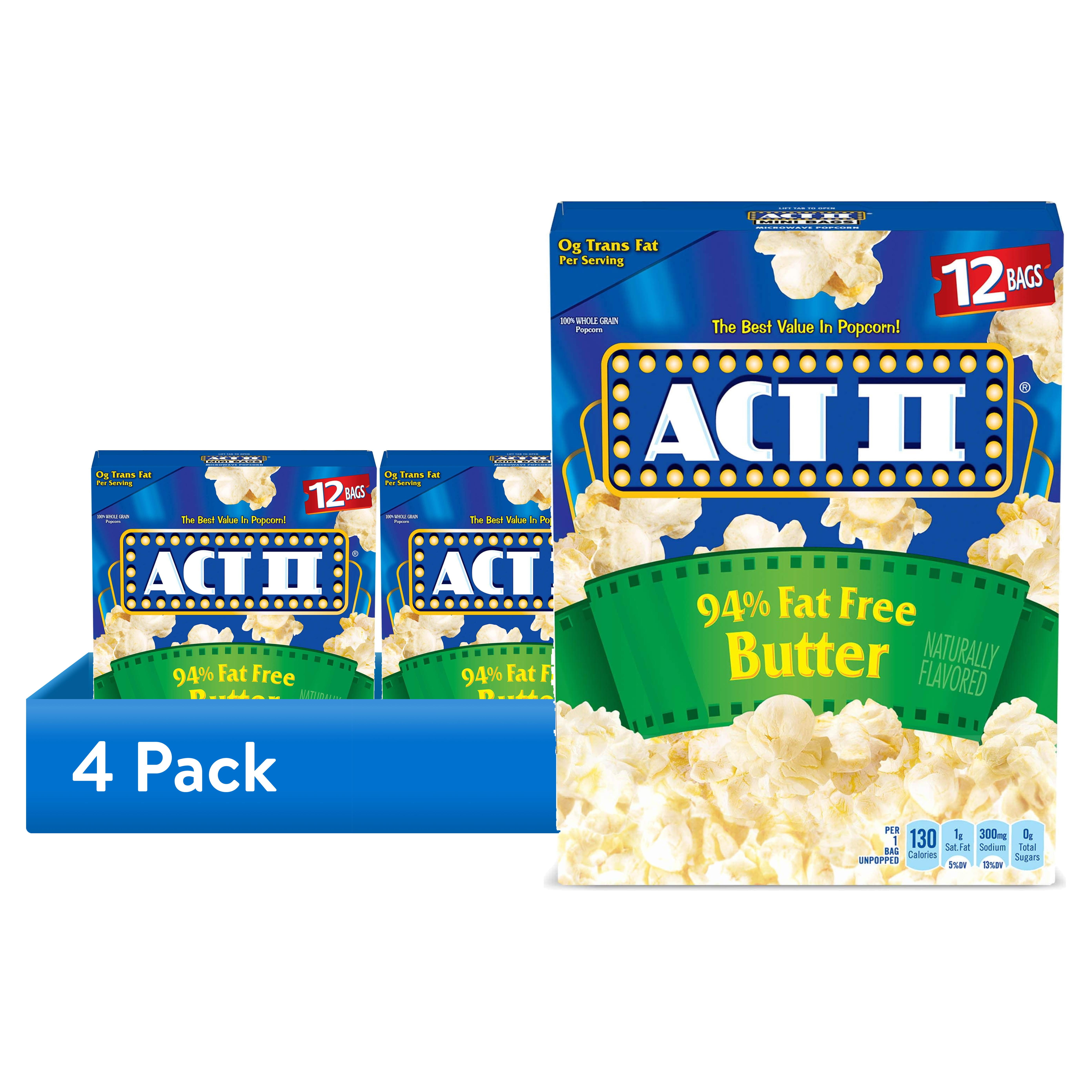 (4 pack) Act II 94% Fat Free Butter Microwave Popcorn, 2.71 oz., 12-Count Bags