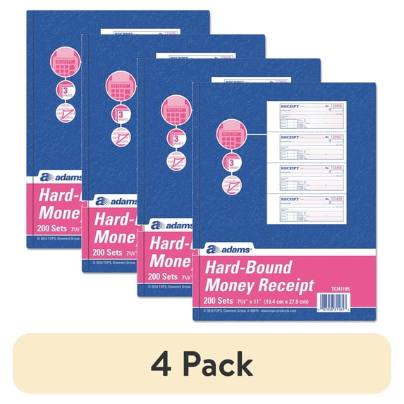 (4 pack) Adams Cardinal. Tops 3-part Hardbound Receipt Book, 7 X 2 3/4, 200 Sets/Book