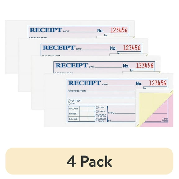 (4 pack) Adams Receipt Book, 2 3/4 x 7 3/16, Three-Part Carbonless, 50 Forms