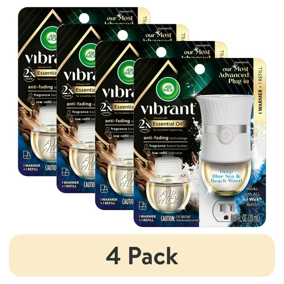 (4 pack) Air Wick Vibrant Plug-In Scented Oil Air Freshener Warmer Starter Kit, Deep Blue Sea and Beach Wood, 2 Piece