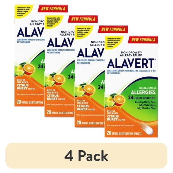 (4 pack) Alavert Allergy 24-Hour Relief (Citrus Burst Flavor Orally Disintegrating Tablets), Non-Drowsy, Antihistamine, 20 Count (Pack of 1)