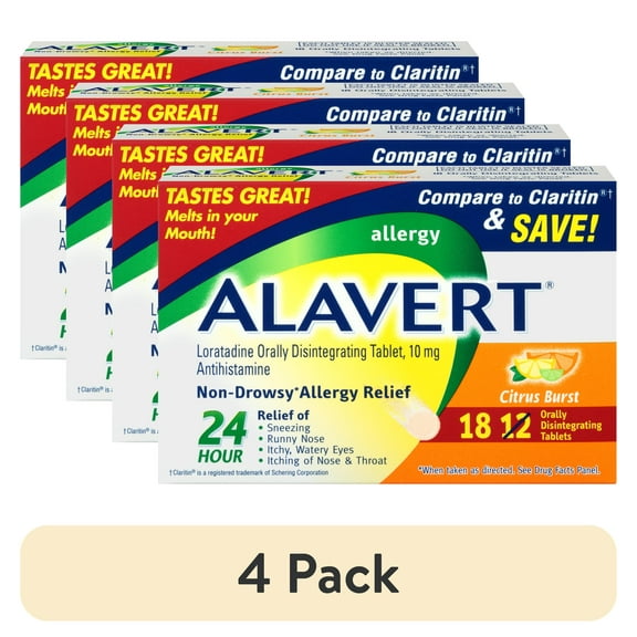 (4 pack) Alavert Allergy 24-Hour Relief (Citrus Burst Flavor Orally Disintegrating Tablets), Non-Drowsy, Antihistamine, 18 Count (Pack of 1)