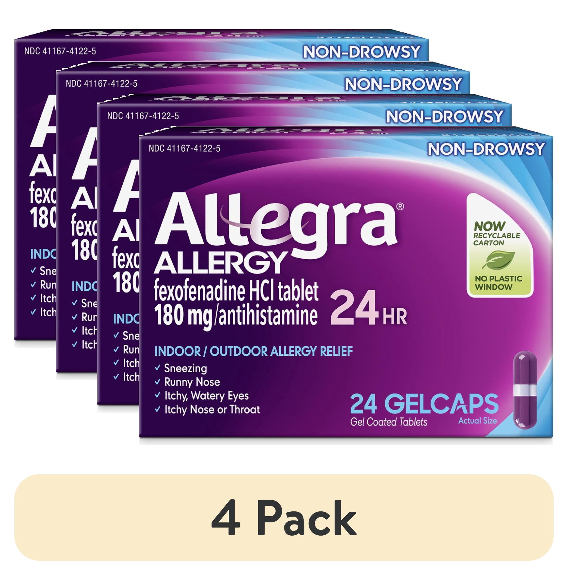 (4 pack) Allegra Adult 24-Hour Allergy Relief Gelcaps, Non-Drowsy Indoor and Outdoor Allergy Medicine, 180 mg Fexofenadine HCI Antihistamine Pill, 24-Count
