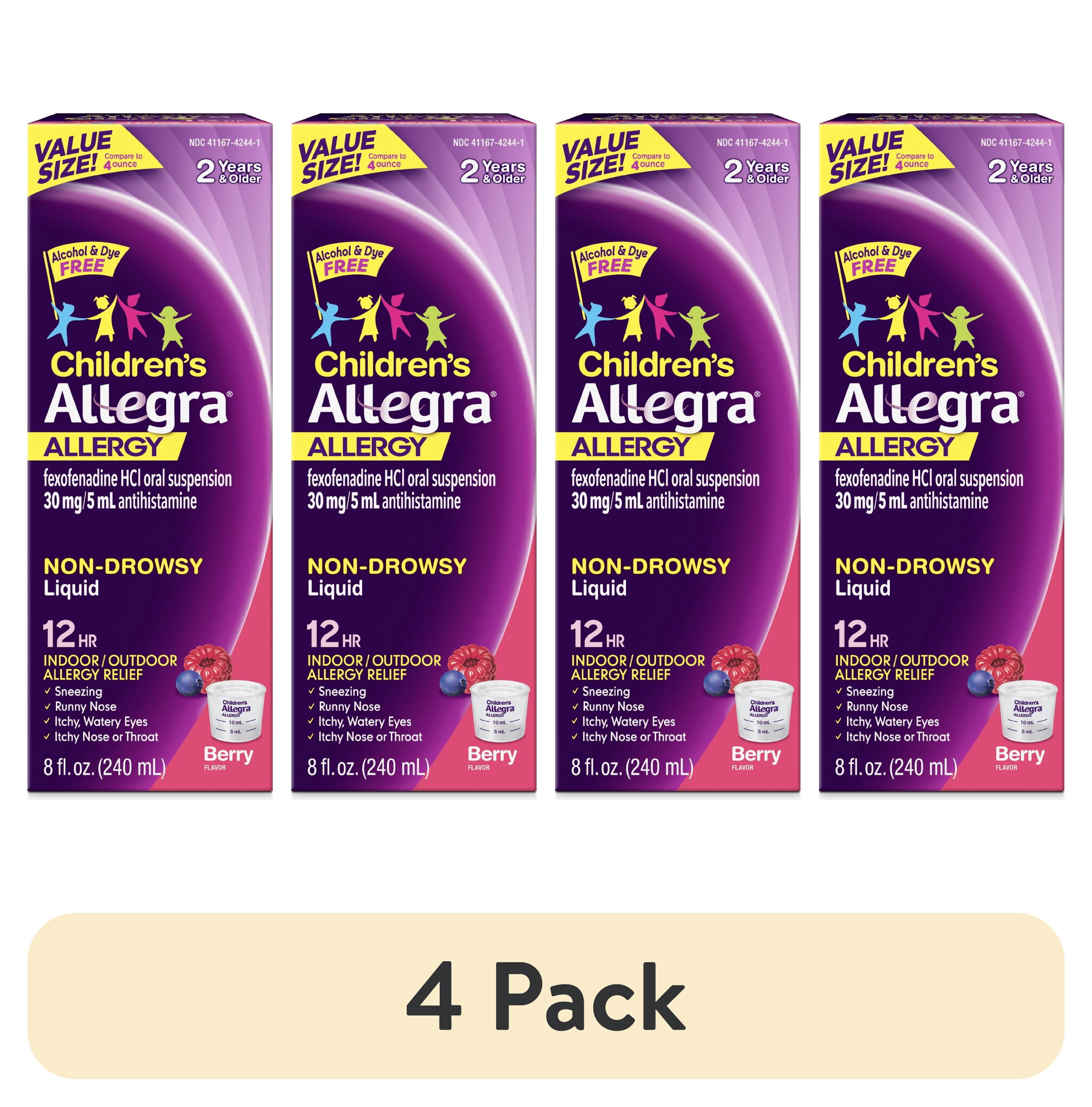 (4 pack) Allegra Children's 12-Hour Allergy Relief Liquid, Non-Drowsy Indoor and Outdoor Allergy Medicine, 30 mg Fexofenadine HCI Antihistamine For Kids, Berry Flavor, 8 oz.