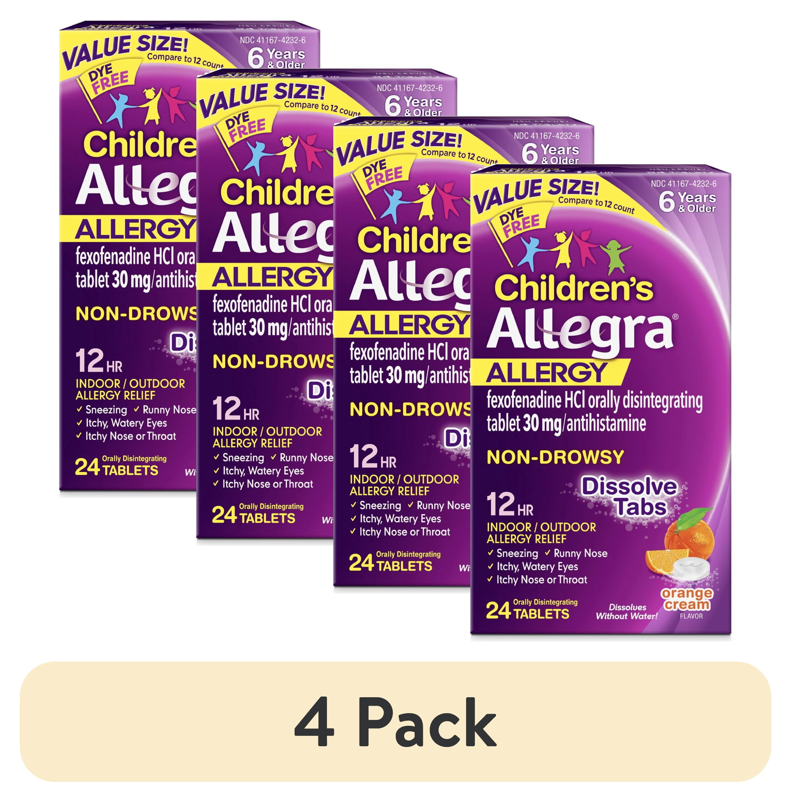 (4 pack) Allegra Children's 12-Hour Allergy Relief Orally Dissolving Tablets, Non-Drowsy Indoor and Outdoor Allergy Medicine, 30 mg Fexofenadine HCI Antihistamine For Kids, Orange Cream Flavor, 24-Count