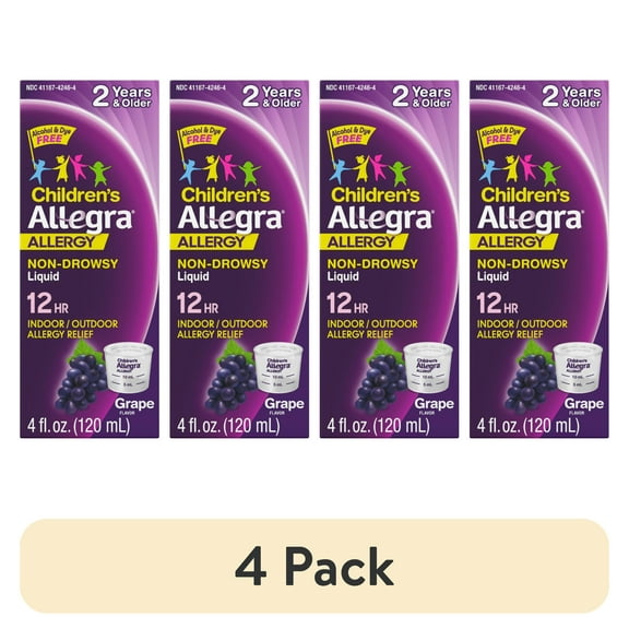 (4 pack) Allegra Children's 12-Hour Allergy Relief Liquid, Non-Drowsy Indoor and Outdoor Allergy Medicine, 30 mg Fexofenadine HCI Antihistamine For Kids, Grape Flavor, 4 oz