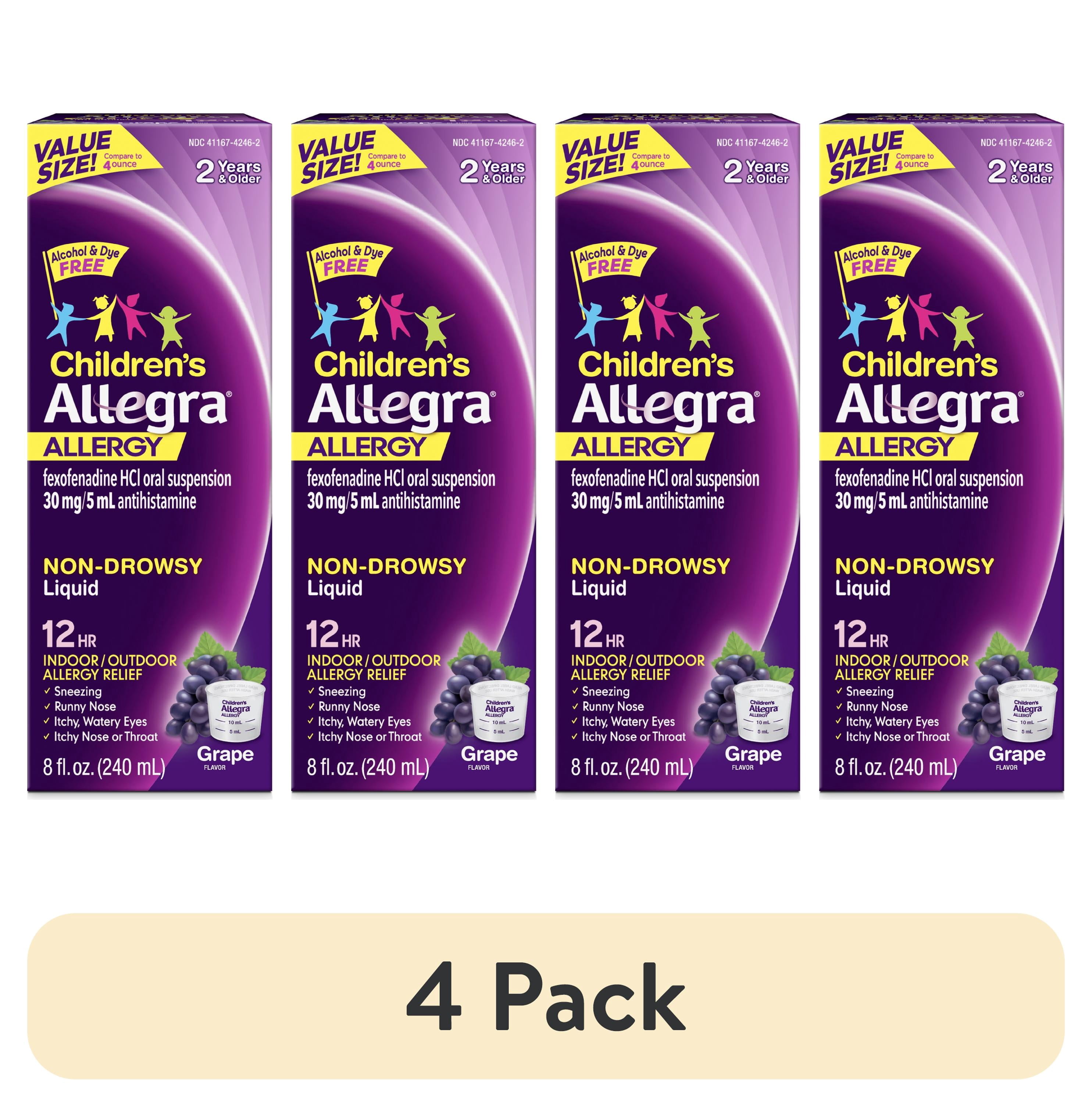 (4 pack) Allegra Children's 12-Hour Allergy Relief Liquid, Non-Drowsy Indoor and Outdoor Allergy Medicine, 30 mg Fexofenadine HCI Antihistamine For Kids, Grape Flavor, 4 oz