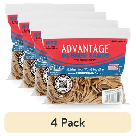 (4 pack) Alliance Advantage Rubber Bands, Size #32 (3" x 1/8"), Approx. 350 Bands per 8 oz Bag, Natural