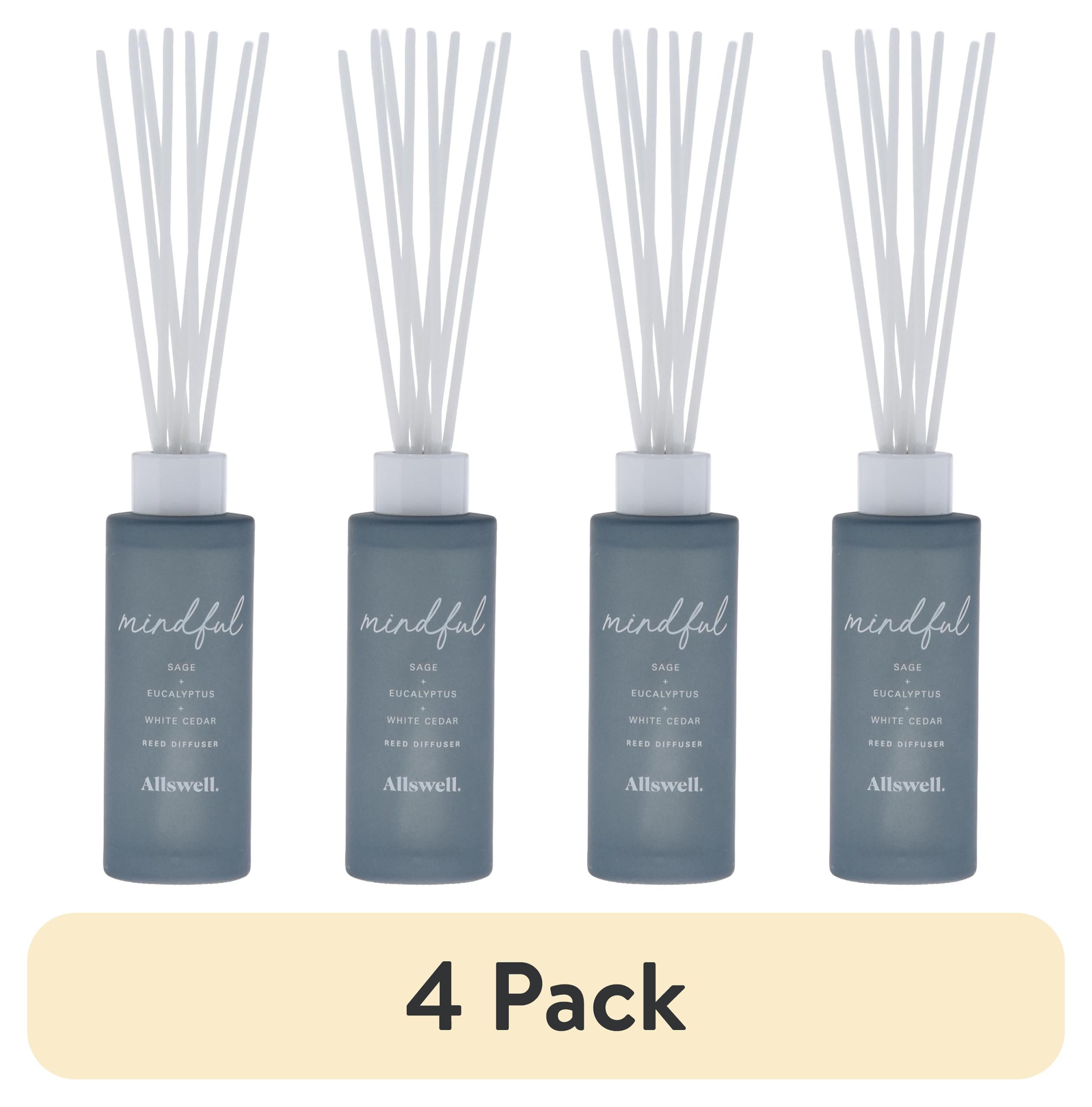 (4 pack) Allswell Mindful (Sage + Eucalyptus + White Cedar) Scented Reed Diffuser 3 Fl Oz (90mL) With 8 Synthetic Reeds.