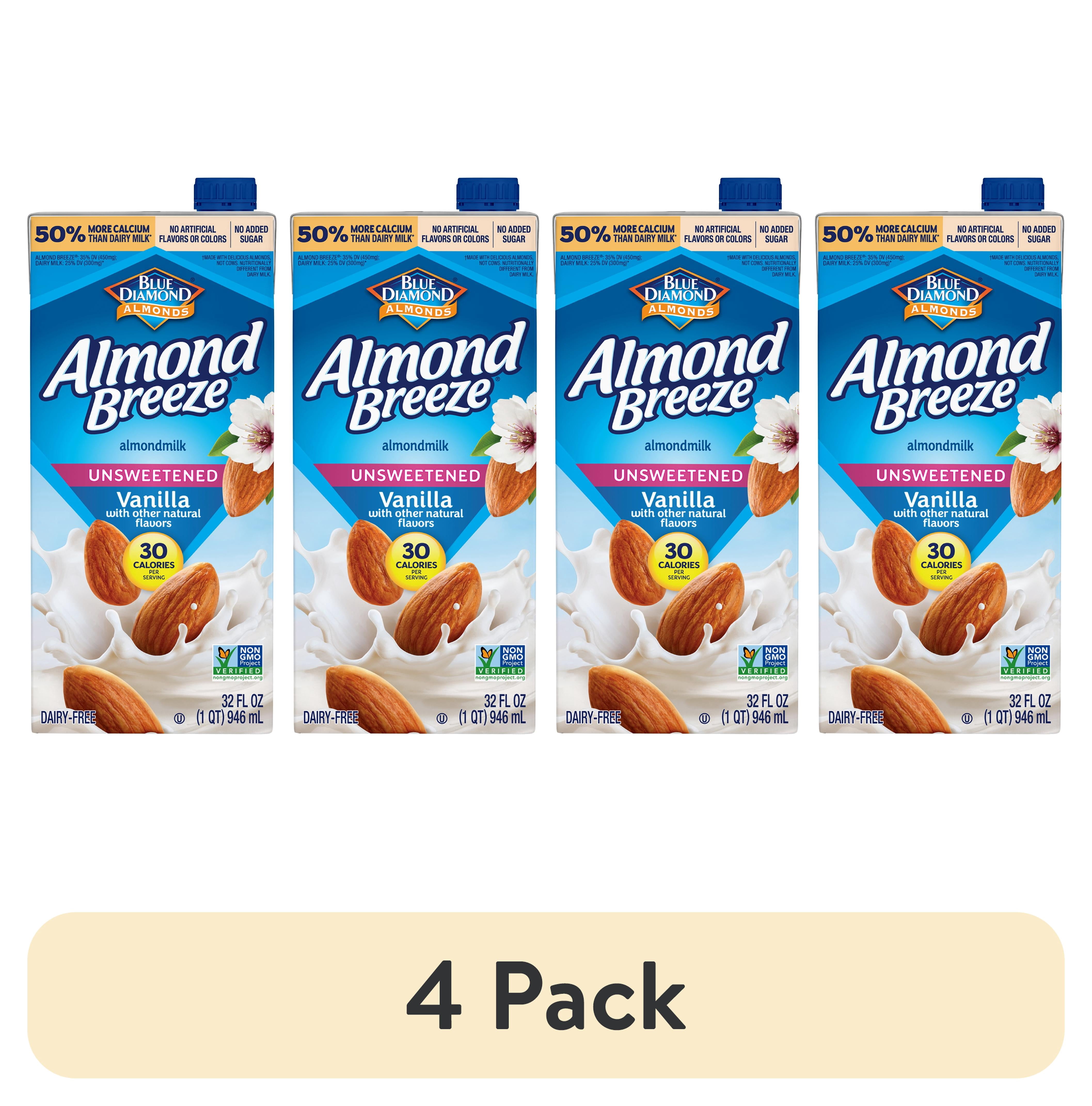 (4 pack) Almond Breeze Shelf-Stable Unsweetened Vanilla Dairy-Free Almondmilk, 32 oz