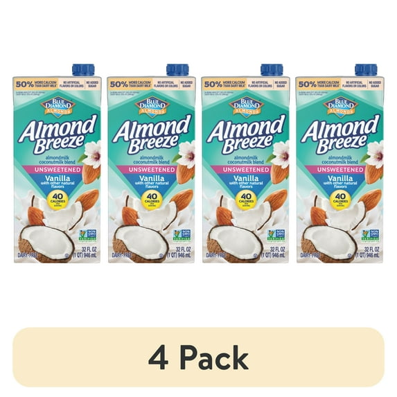 (4 pack) Almond Breeze Unsweetened Coconut Vanilla Almondmilk, Non GMO, 32 oz, Shelf Stable Cardboard Carton