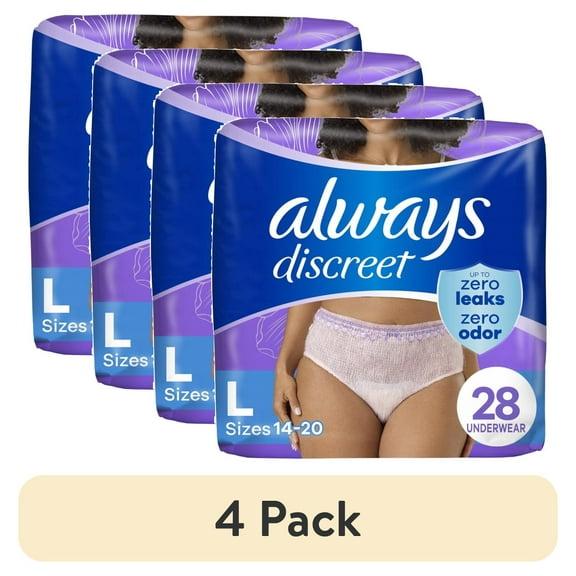 (4 pack) Always Discreet Adult Incontinence Underwear for Women & Postpartum Underwear, L, up to 100% Bladder Leak Protection, 28 Count