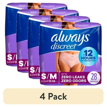 (4 pack) Always Discreet Adult Incontinence Underwear for Women and Postpartum Underwear, S/M, Up to 100% Bladder Leak Protection, 28 CT