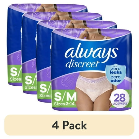 (4 pack) Always Discreet Adult Incontinence Underwear for Women and Postpartum Underwear, s/m, up to 100% Bladder Leak Protection, 28 Count