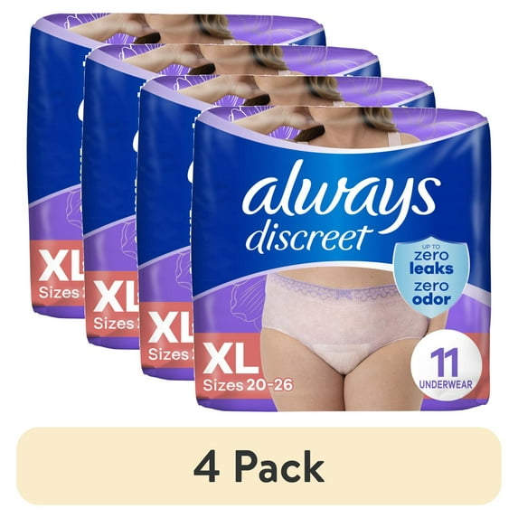 (4 pack) Always Discreet Adult Incontinence Underwear for Women and Postpartum Underwear, XL, Up to 100% Bladder Leak Protection, 11 CT