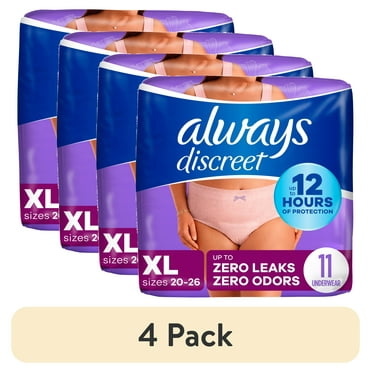 (4 pack) Always Discreet Adult Incontinence Underwear for Women and Postpartum Underwear, XL, Up to 100% Bladder Leak Protection, 11 CT