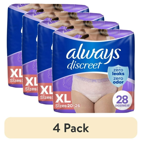 (4 pack) Always Discreet Adult Incontinence Underwear for Women and Postpartum Underwear, XL, Up to 100% Bladder Leak Protection, 28 Count
