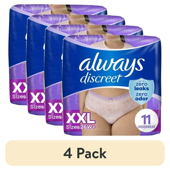 (4 pack) Always Discreet Adult Incontinence Underwear for Women and Postpartum Underwear, XXL, Up to 100% Bladder Leak Protection, 11 Count