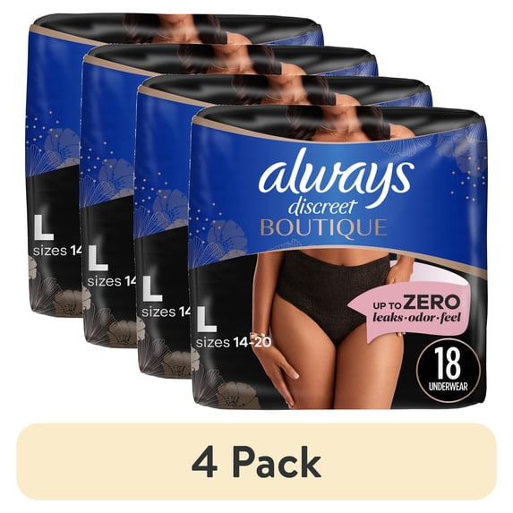 (4 pack) Always Discreet Boutique Incontinence Underwear, Maximum Protection, L, Black, 18 Count