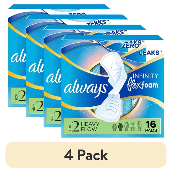 (4 pack) Always Pads, Infinity with Wings, Size 2, Heavy, Unscented, 16 Count