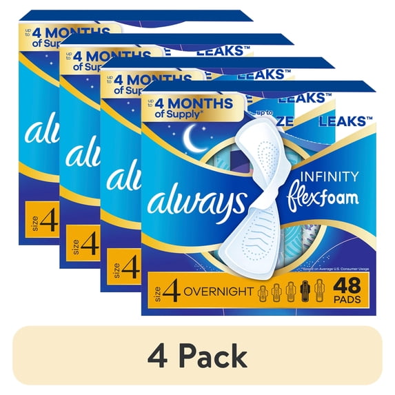 (4 pack) Always Infinity FlexFoam Pads, Size 4, Overnight, Wings, Unscented, 48 Count