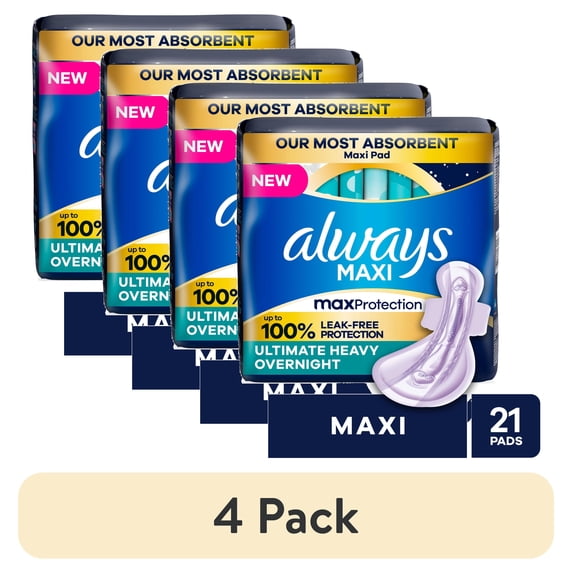 (4 pack) Always Maxi Overnight Pads with Wings, Size 6, 21