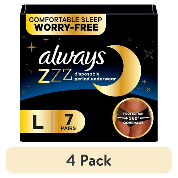 (4 pack) Always ZZZ Overnight Disposable Period Underwear Size L, 7 Count