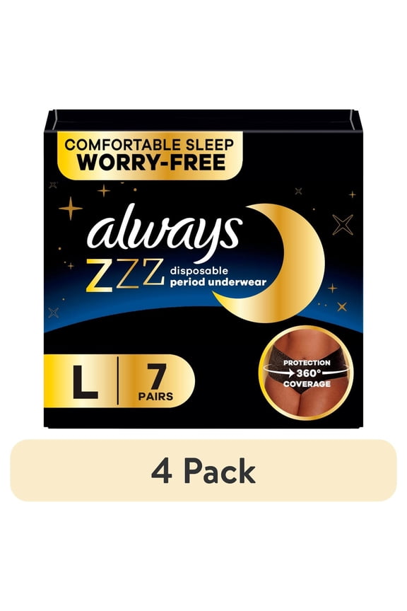 (4 pack) Always ZZZ Overnight Disposable Period Underwear Size L, 7 Count