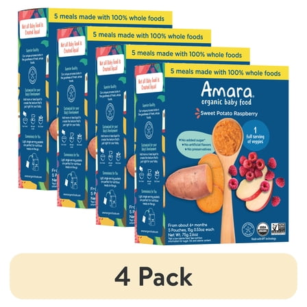 (4 pack) Amara Organic Baby Food Sweet Potato Raspberry, No Added Sugar, Stage 2, 5 Individual Servings