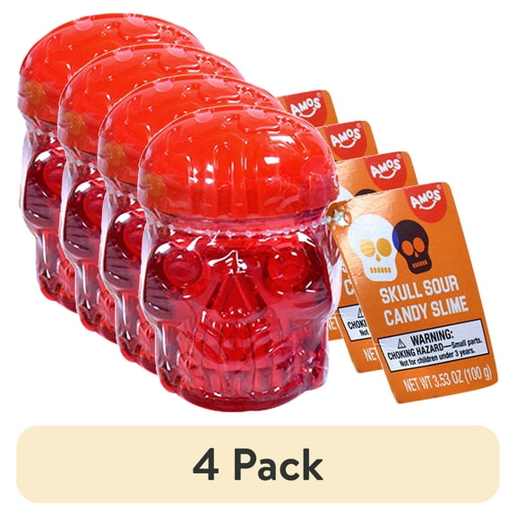(4 pack) Amos Sweets Halloween Skull Sour Candy Strawberry Flavor, 3.5 oz