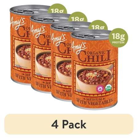 (4 pack) Amy’s Organic Medium Chili with Vegetables, Plant-Based Vegan Chili, Gluten Free, Made With Organic Red Beans and Tofu, Canned Chili, 14.7 Oz