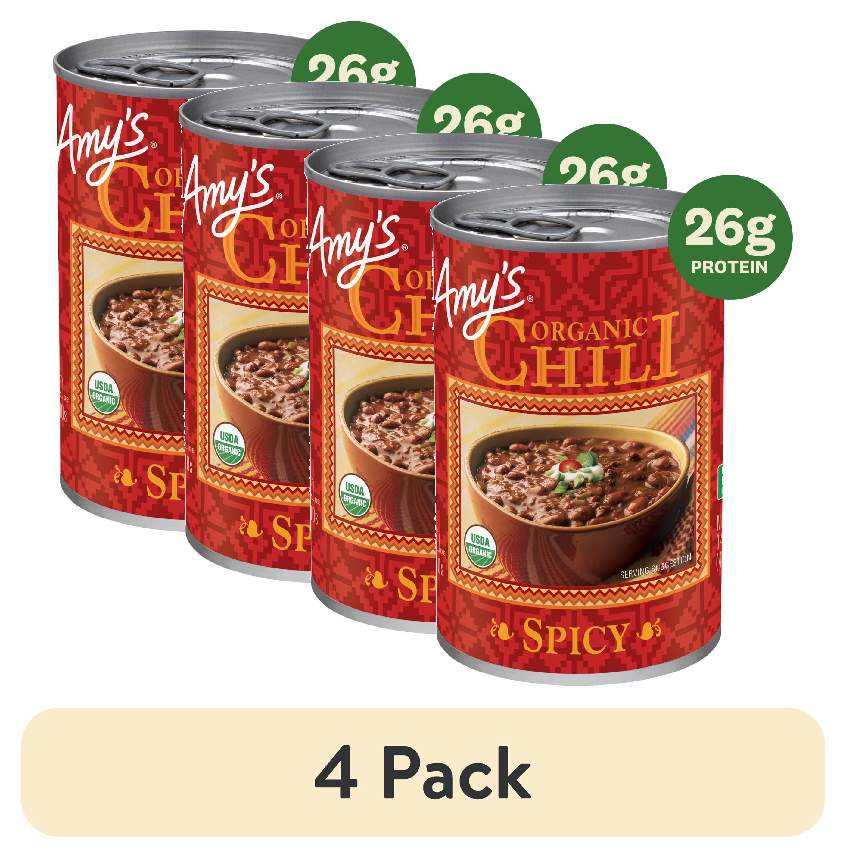 (4 pack) Amy’s Organic Spicy Chili, Plant-Based Vegan Chili, Gluten Free, Made With Organic Red Beans and Tofu, Canned Chili, 14.7 Oz