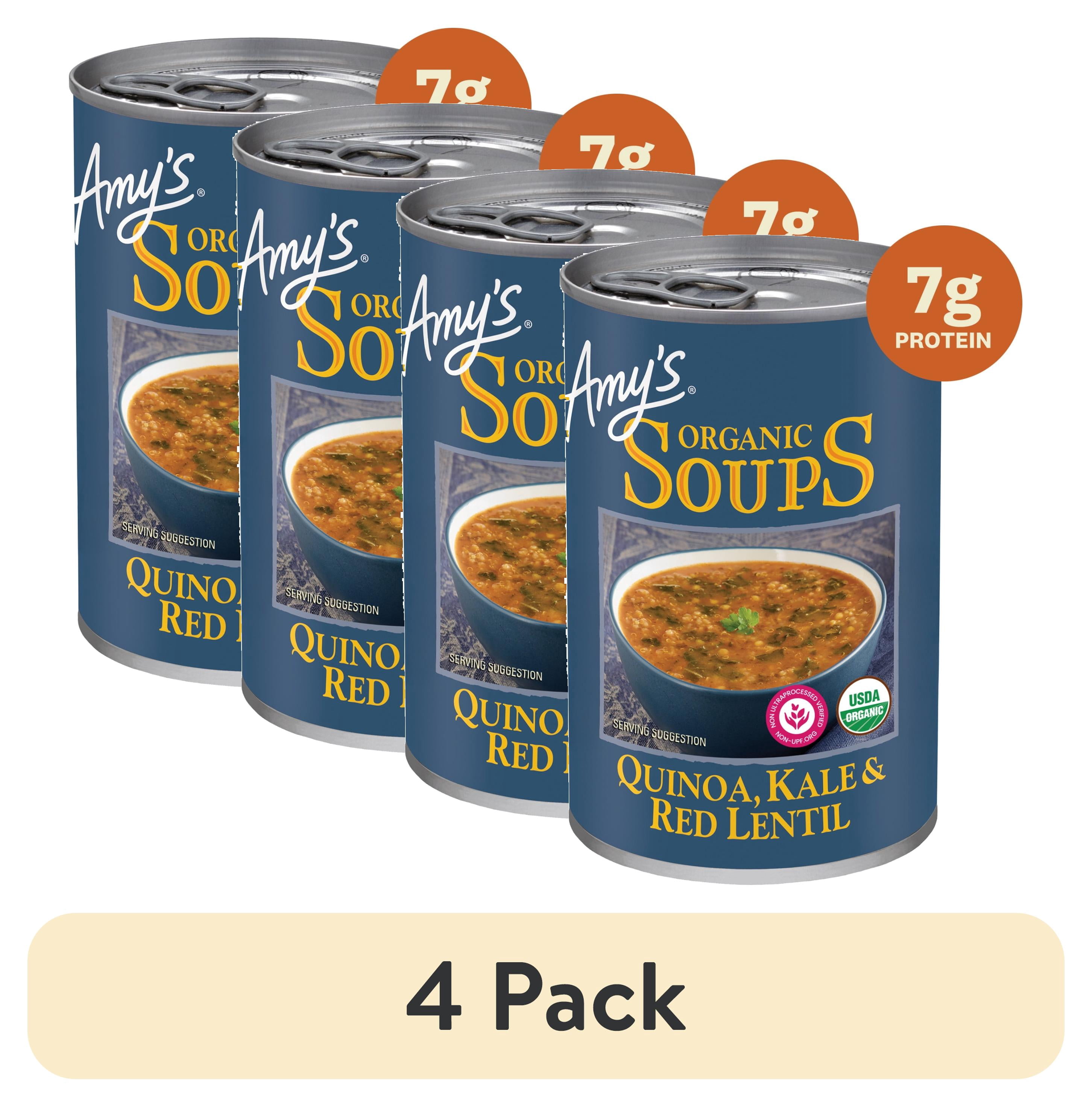(4 pack) Amy’s Soup, Plant-Based Organic Quinoa, Kale & Red Lentil Soup, Gluten Free, Made With Organic Green Lentils and Vegetables, Canned Organic Soup, 14.4 Oz